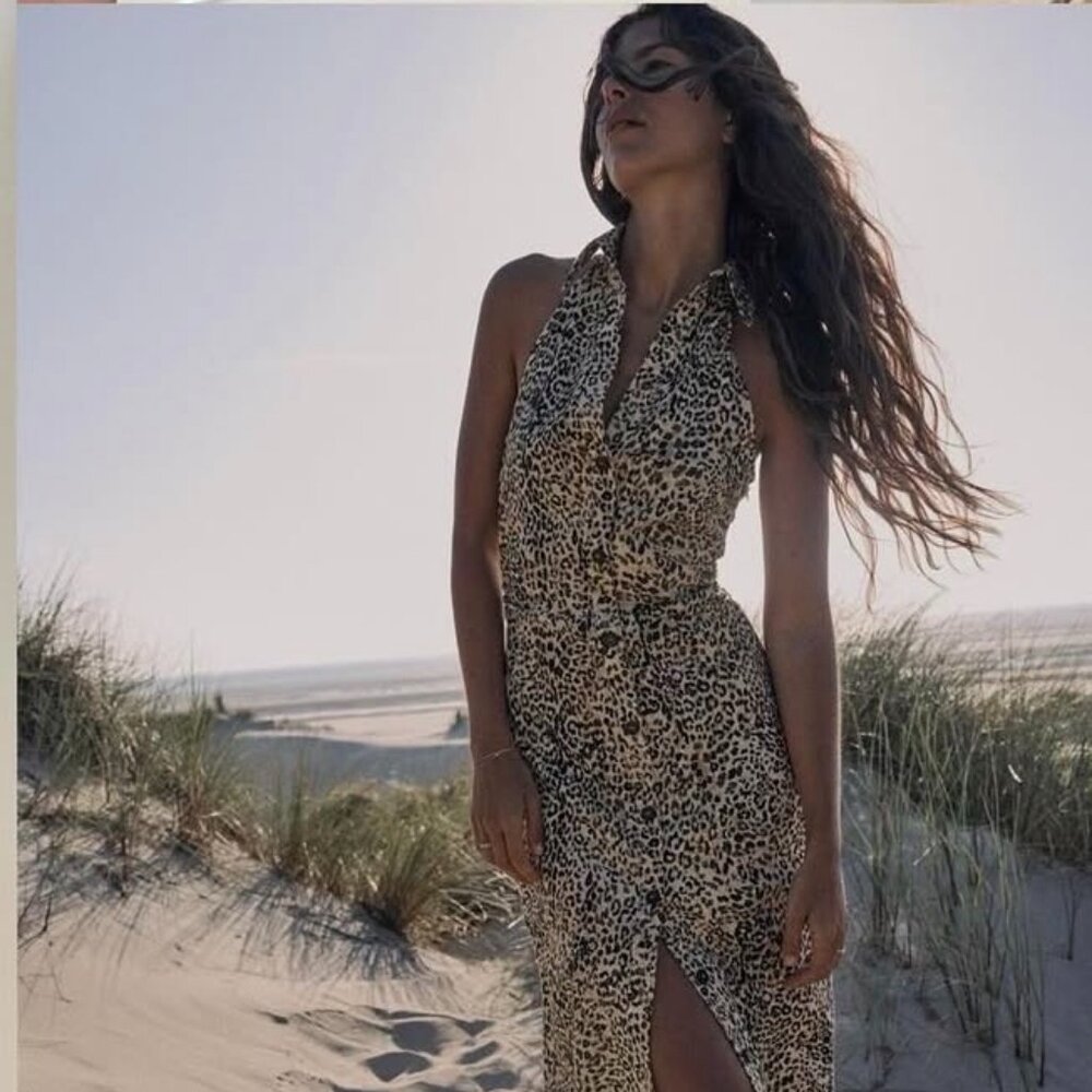ZARA Leopard Button Front Shirt Dress Sleeveless Backless Collared Midi Dress